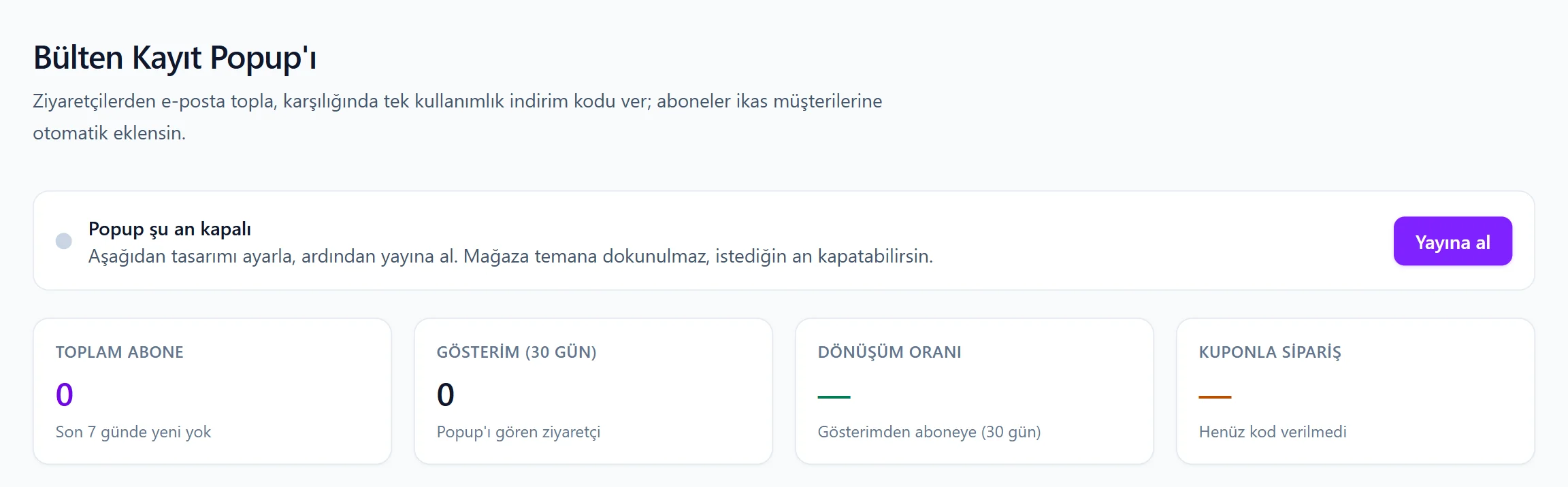 Panel: toplam abone, gösterim, dönüşüm oranı ve kuponla sipariş