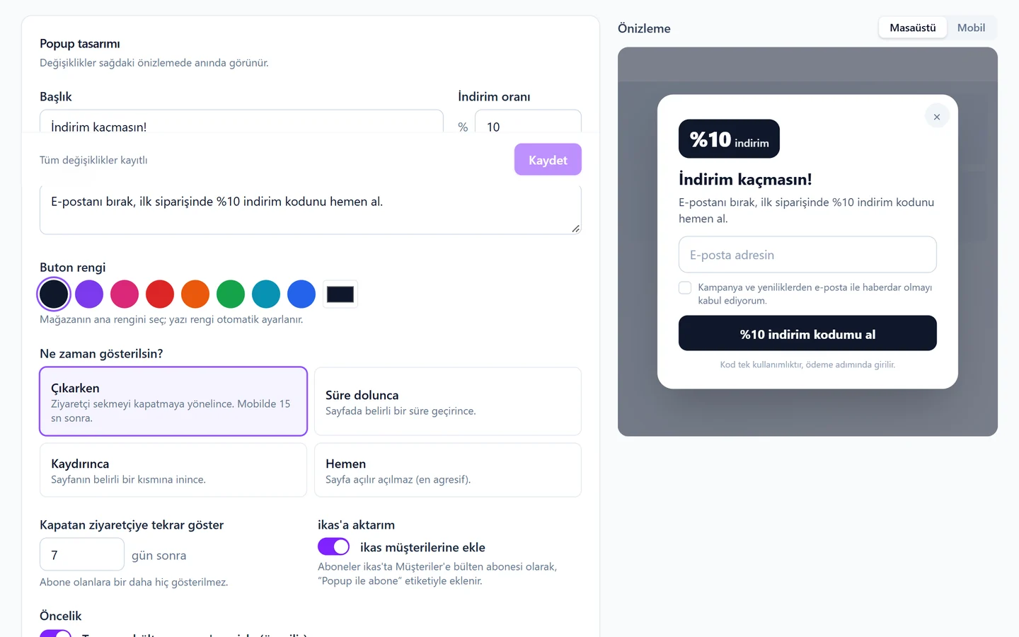 Bülten popup’ının ziyaretçiye görünen hâli: indirim kodu teklifi ve e-posta alanı