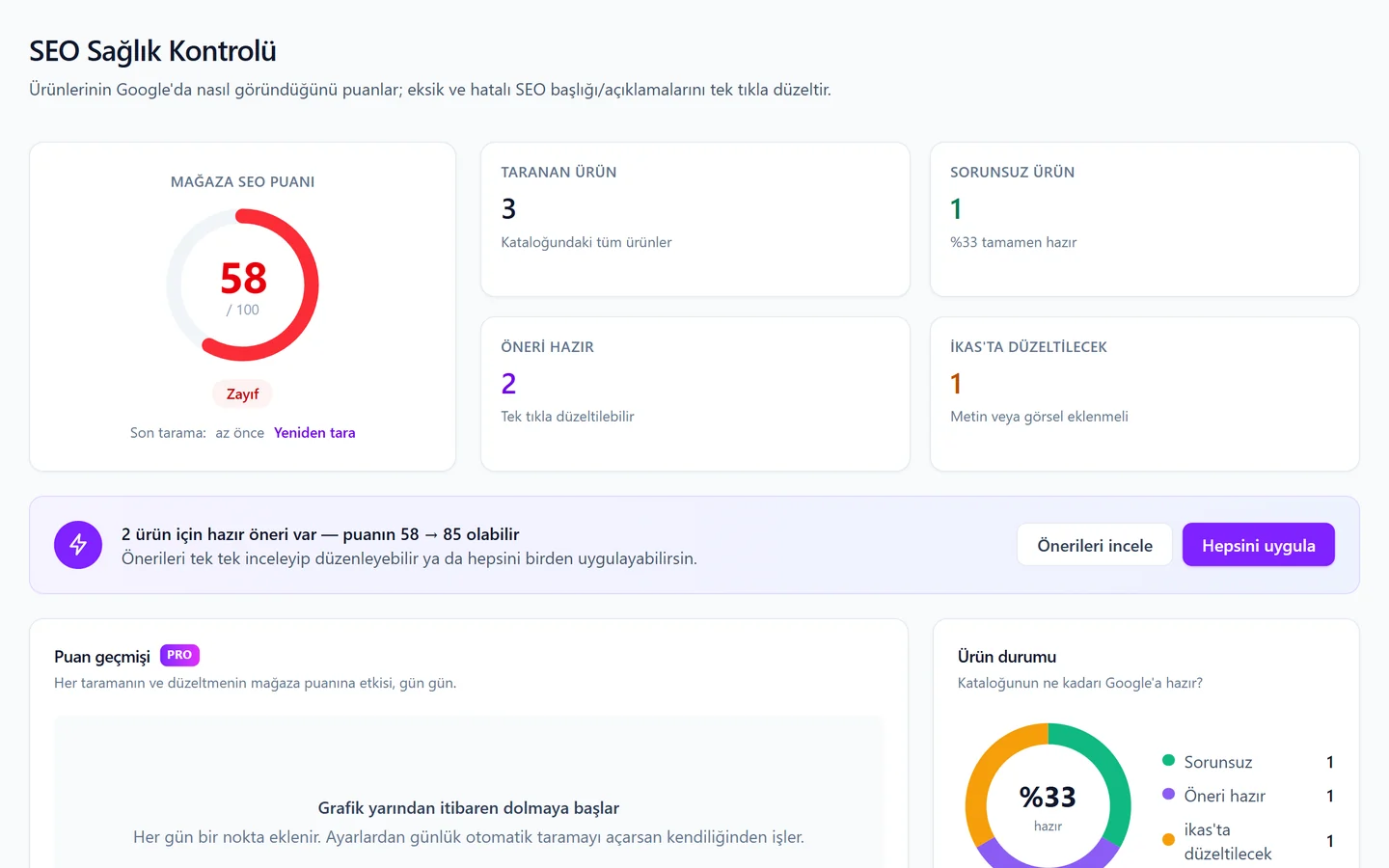 SEO Sağlık Kontrolü panelinde mağaza SEO puanı ve tarama özeti