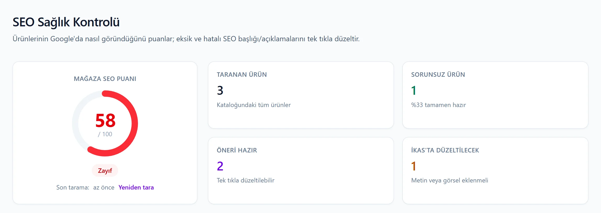 SEO Sağlık Kontrolü panelinde mağaza SEO puanı ve tarama özeti