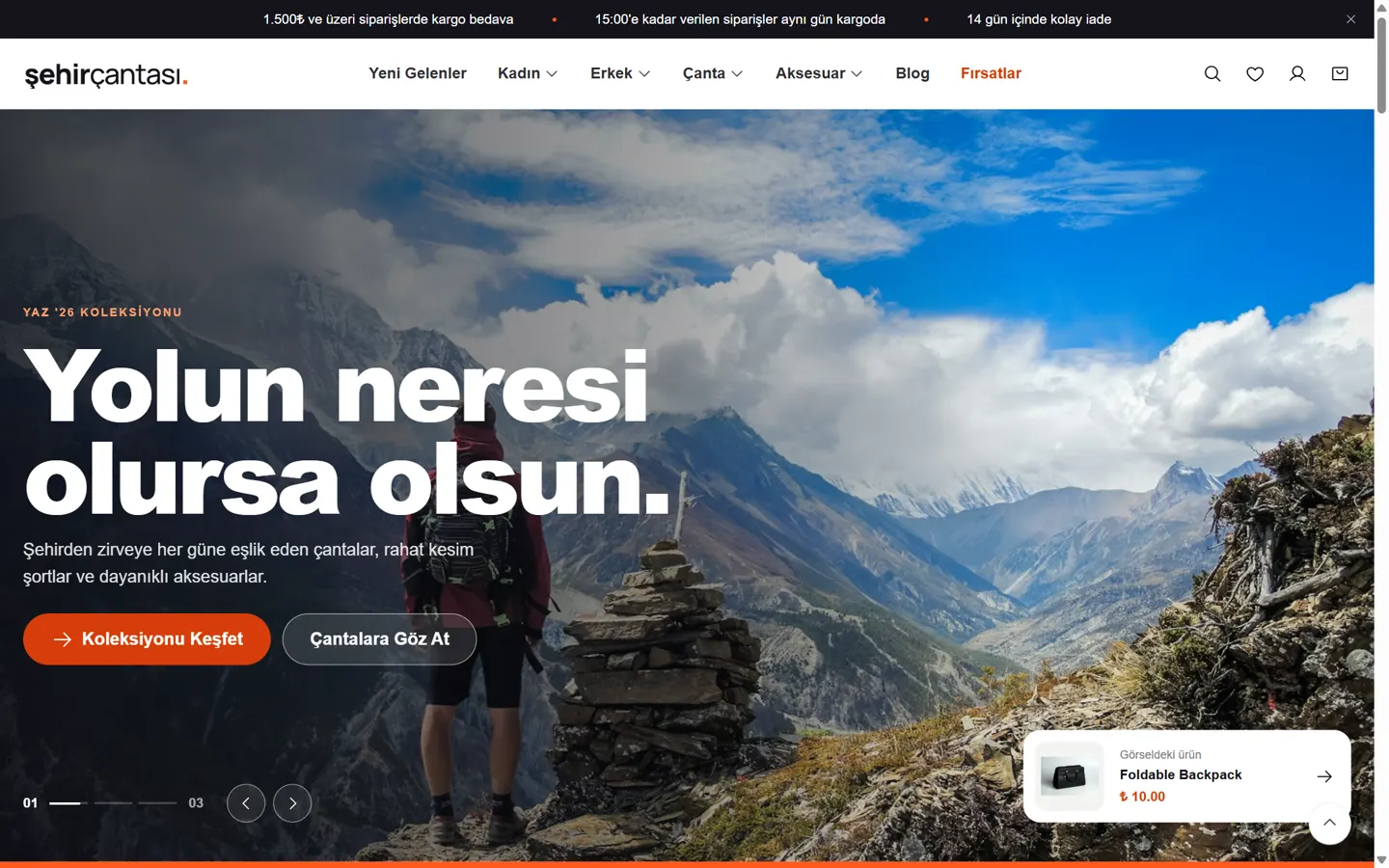 Şehir Çantası e-ticaret sitesi ana sayfası